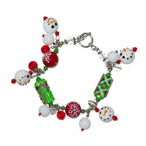 Christmas Motif Charm Bracelet With Painted Glass Beads